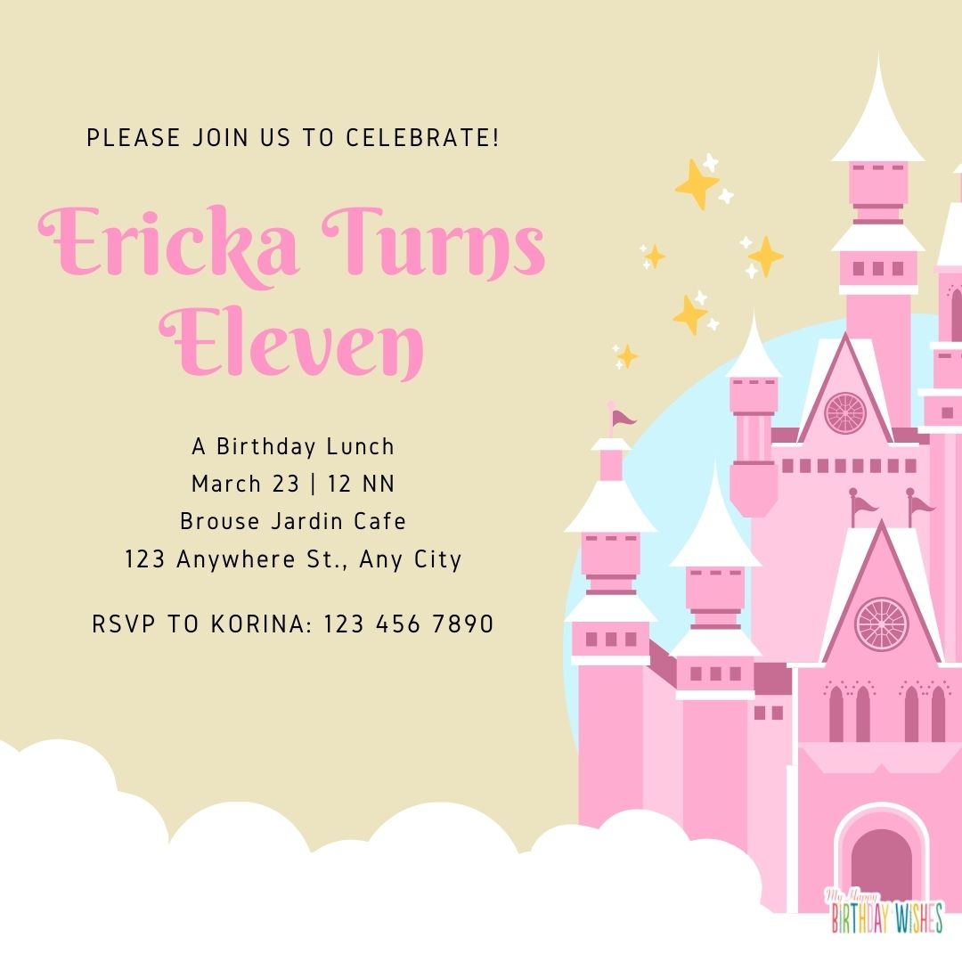 pink castle turning eleven Birthday Invitation Card design