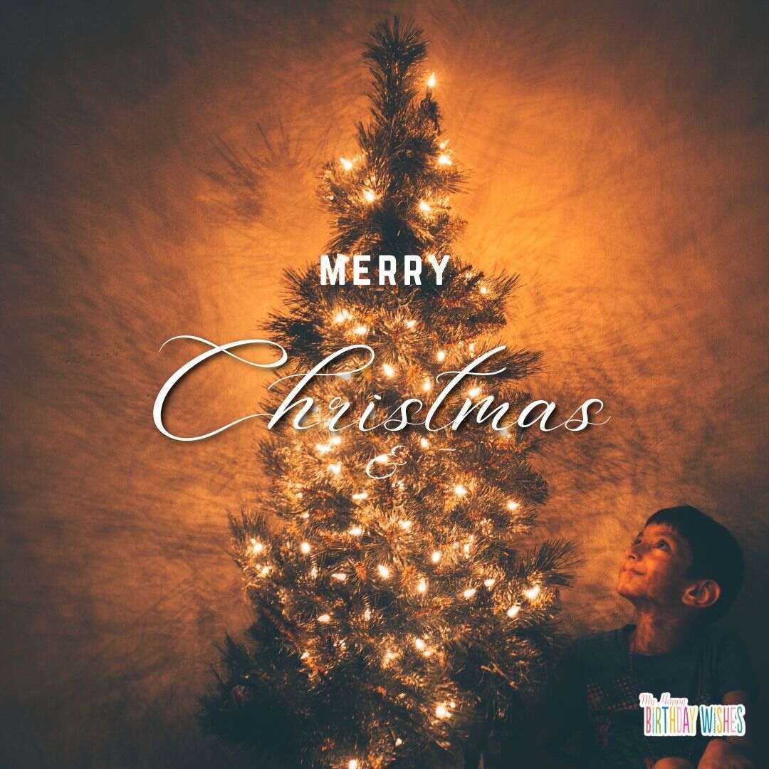 simple merry christmas text with christmas tree and lights and kid looking up