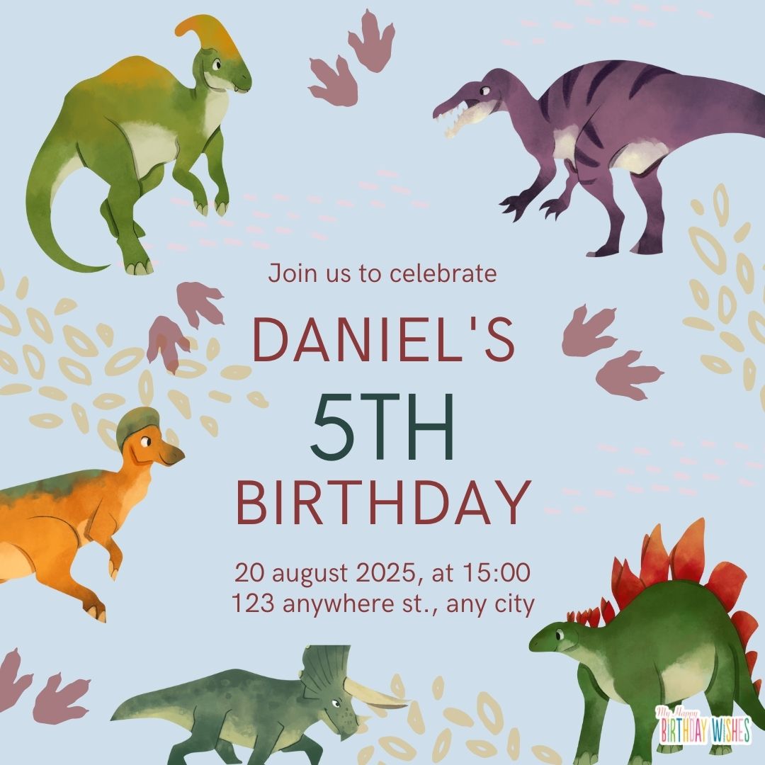 Birthday Invitation Card with dinosaur and footprints design