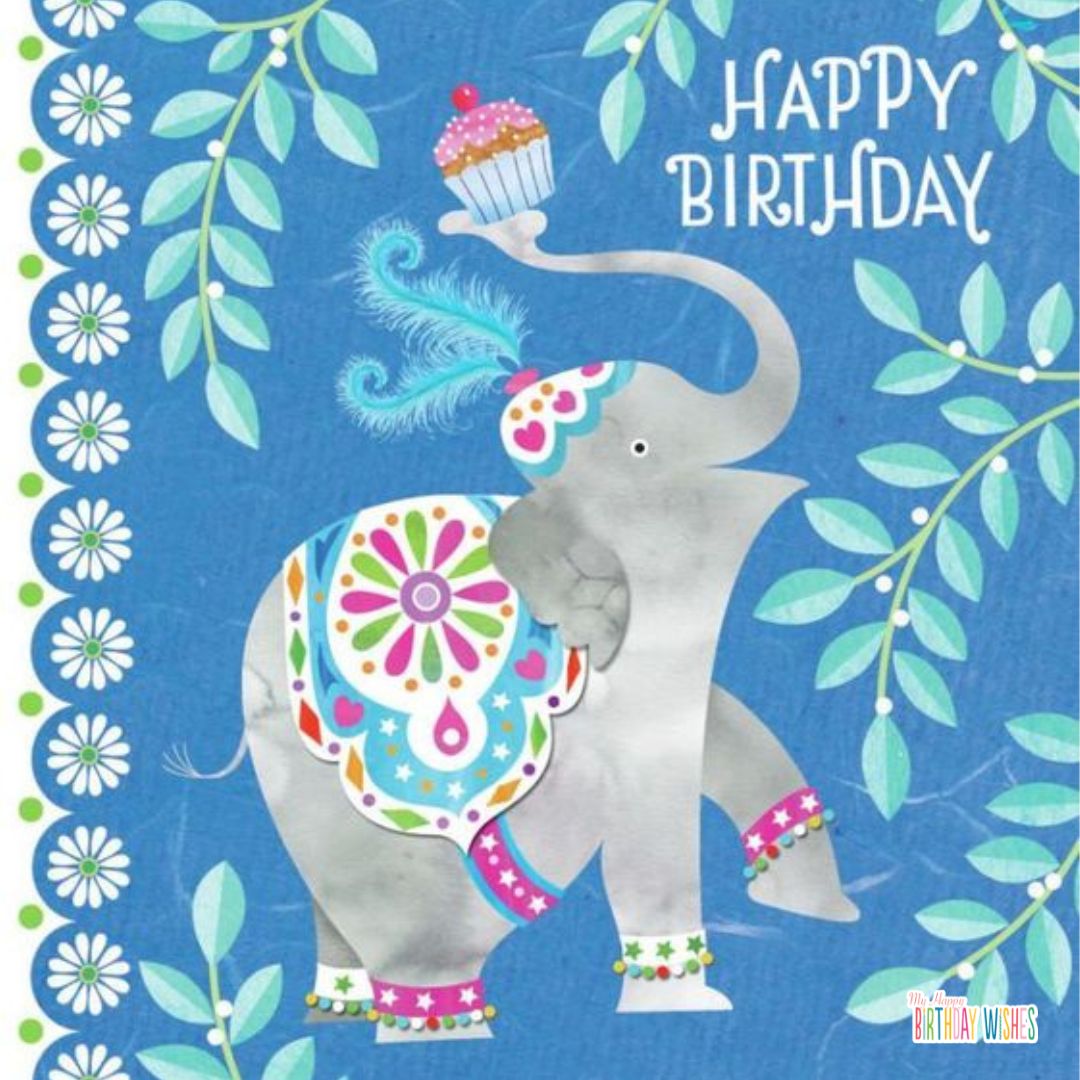 Birthday card with elephant design and flowers and cupcake