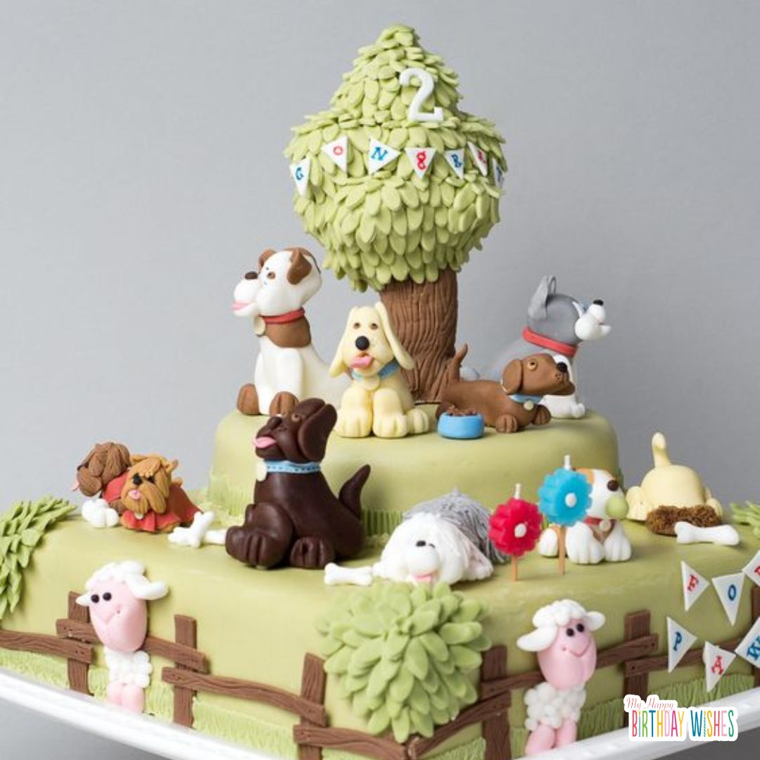 puppies in a cake birthday cake with tree and green theme