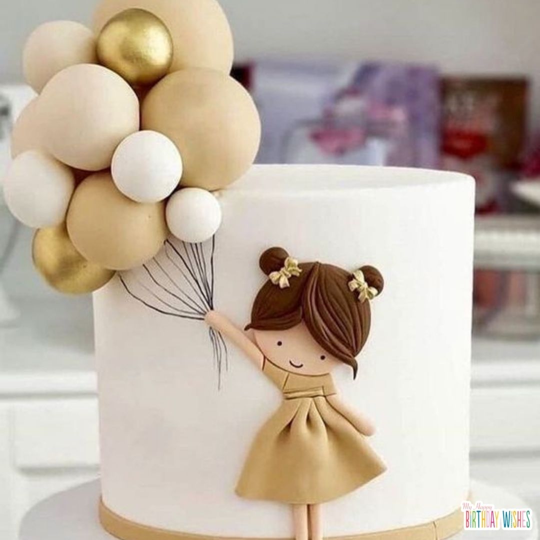 girl in a yellow dress holding a balloons Birthday Cake