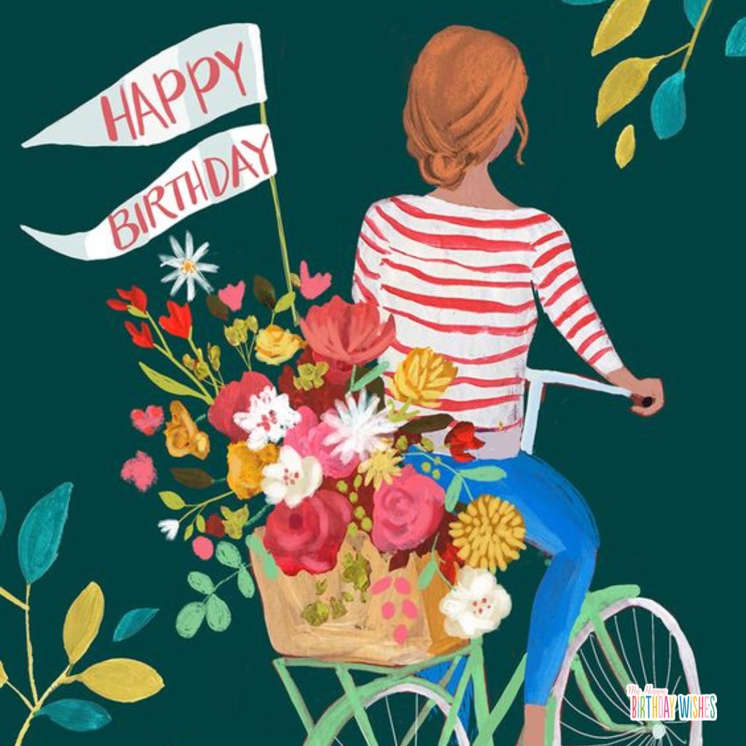 girl riding in a bike flower birthday card