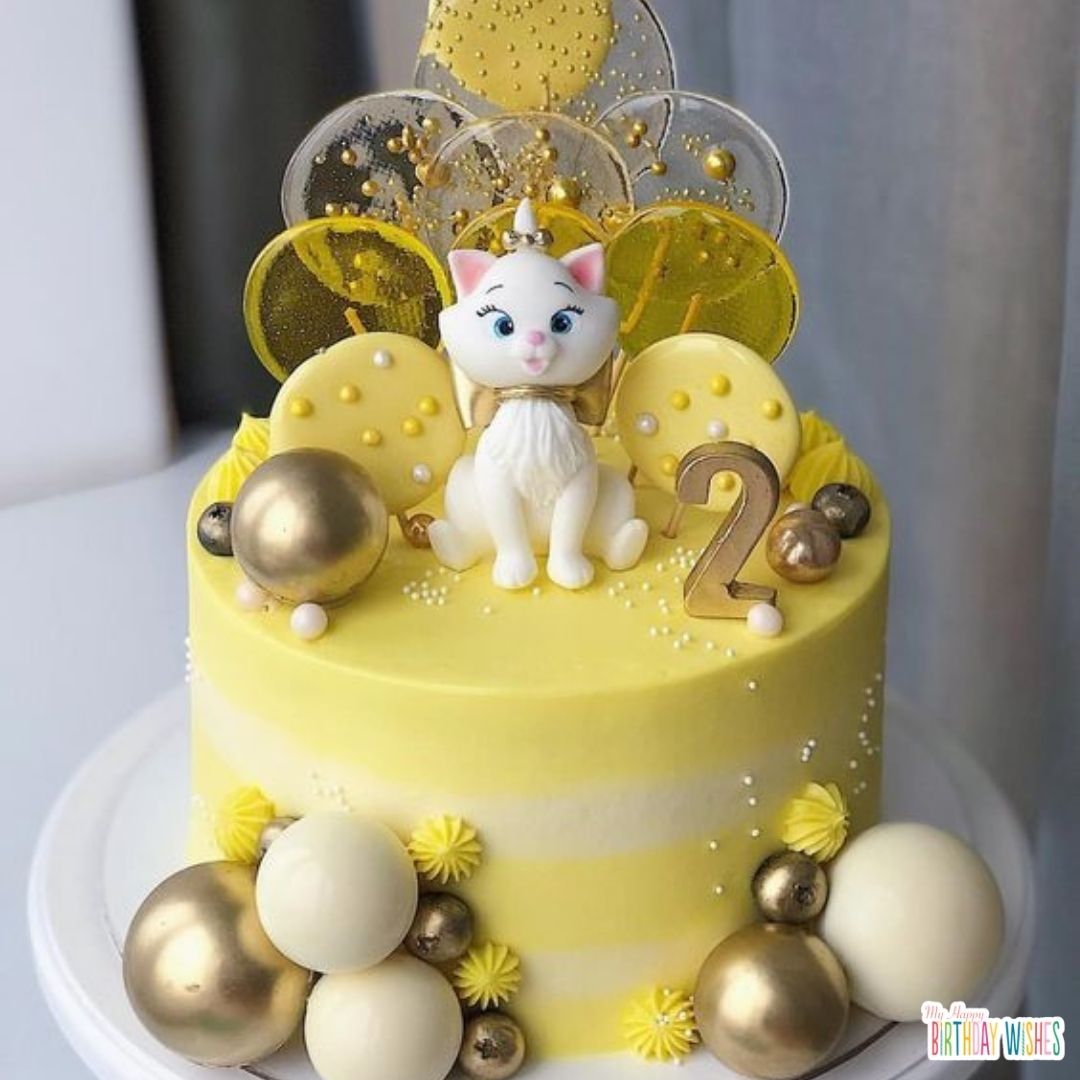 yellow themed Birthday Cake with white cat design