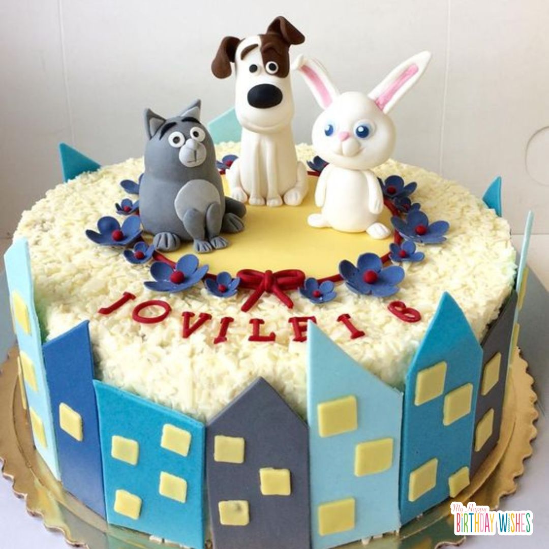 life of a pets inspired cake with life of pets character miniature