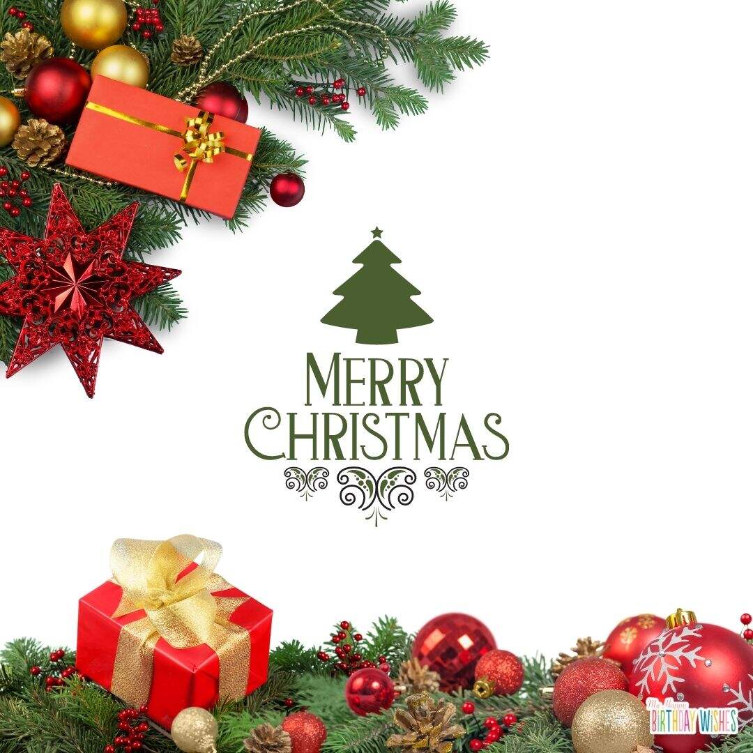 christmas card with gifts and christmas balls