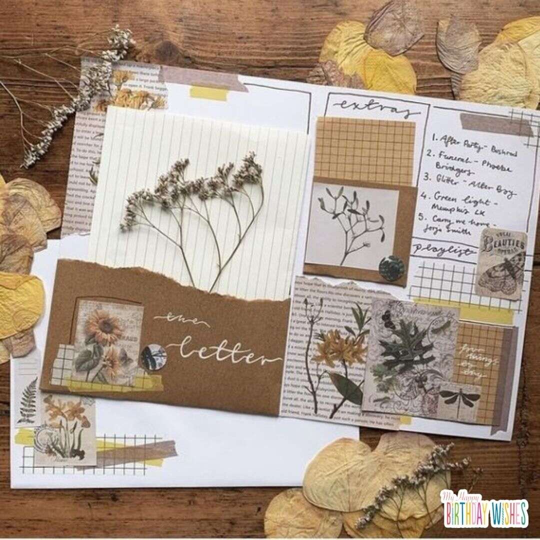 unique and modernize scrapbook with dried leaves, flowers, and stickers