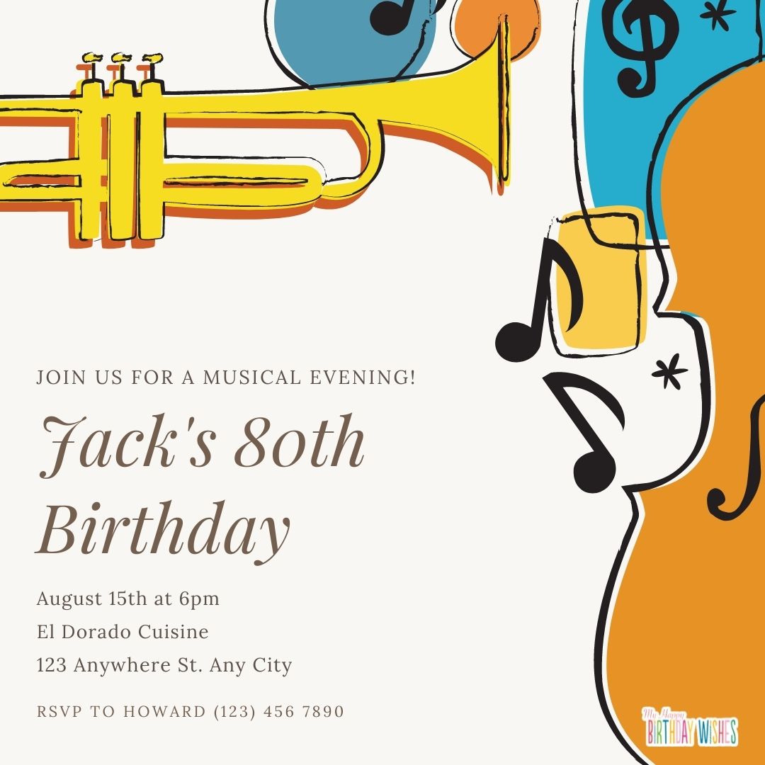 musical design Birthday Invitation Card with trumpets, notes, and violin