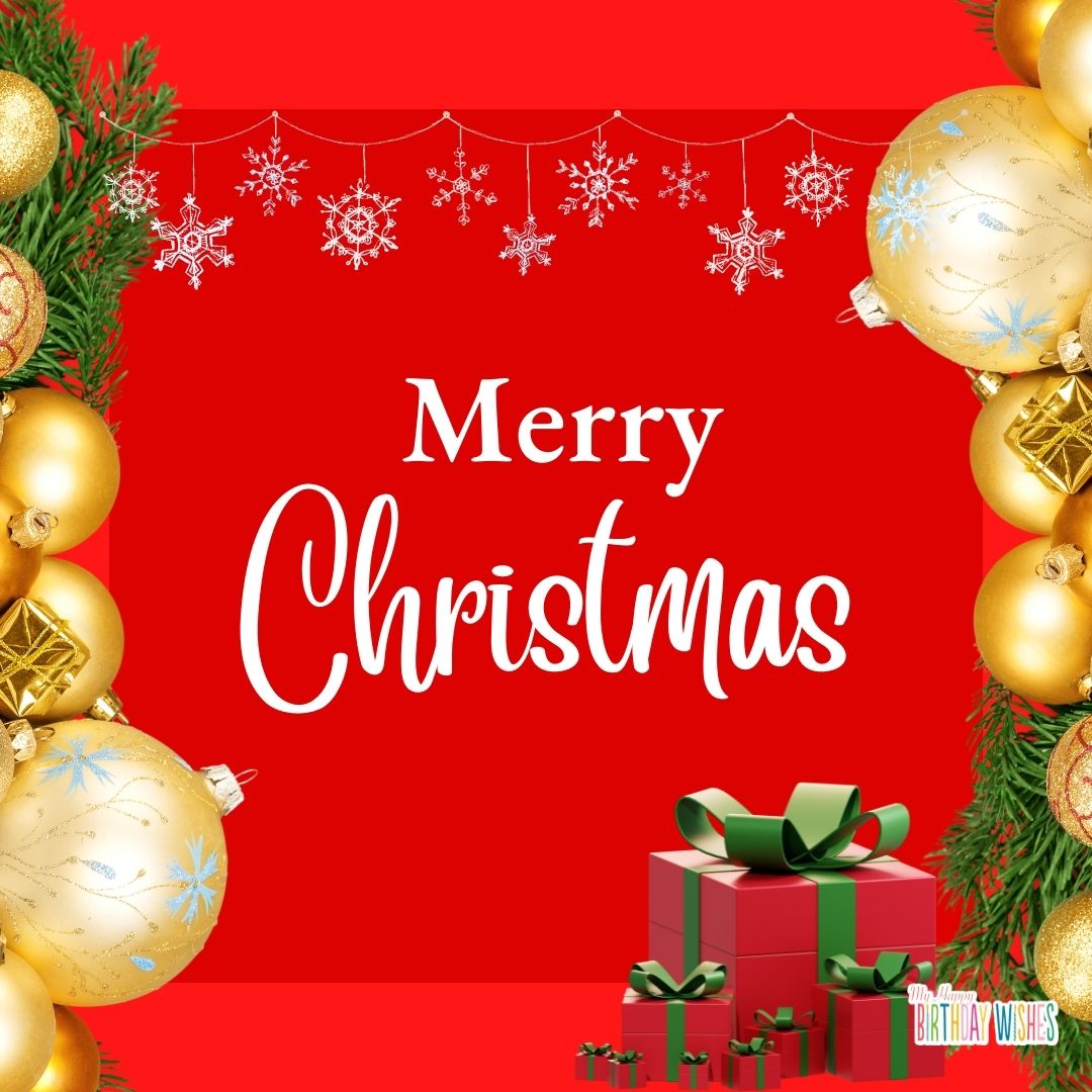 merry christmas with gold christmas balls design and red gifts