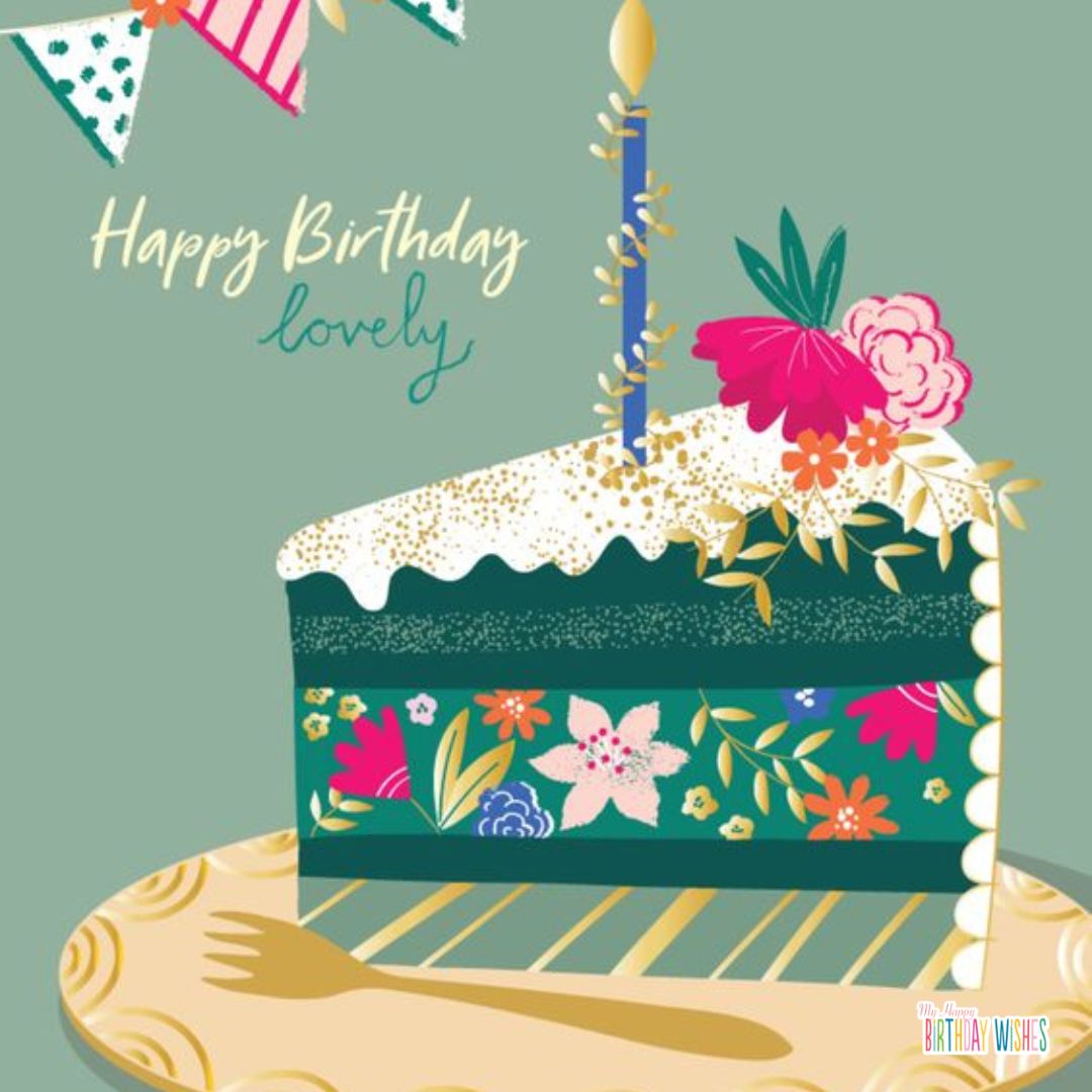 sliced cake birthday card with flowers and candles