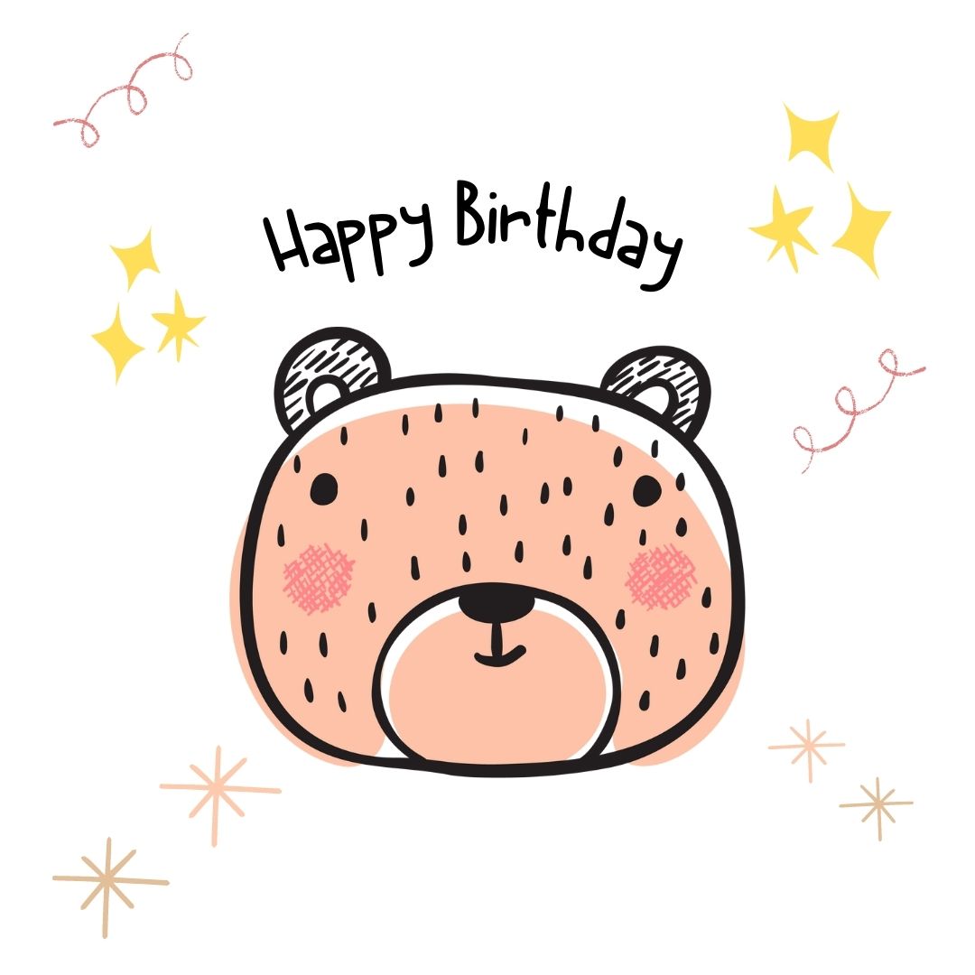 minimal design Printable Birthday Card with teddy bear, stars, and confetti