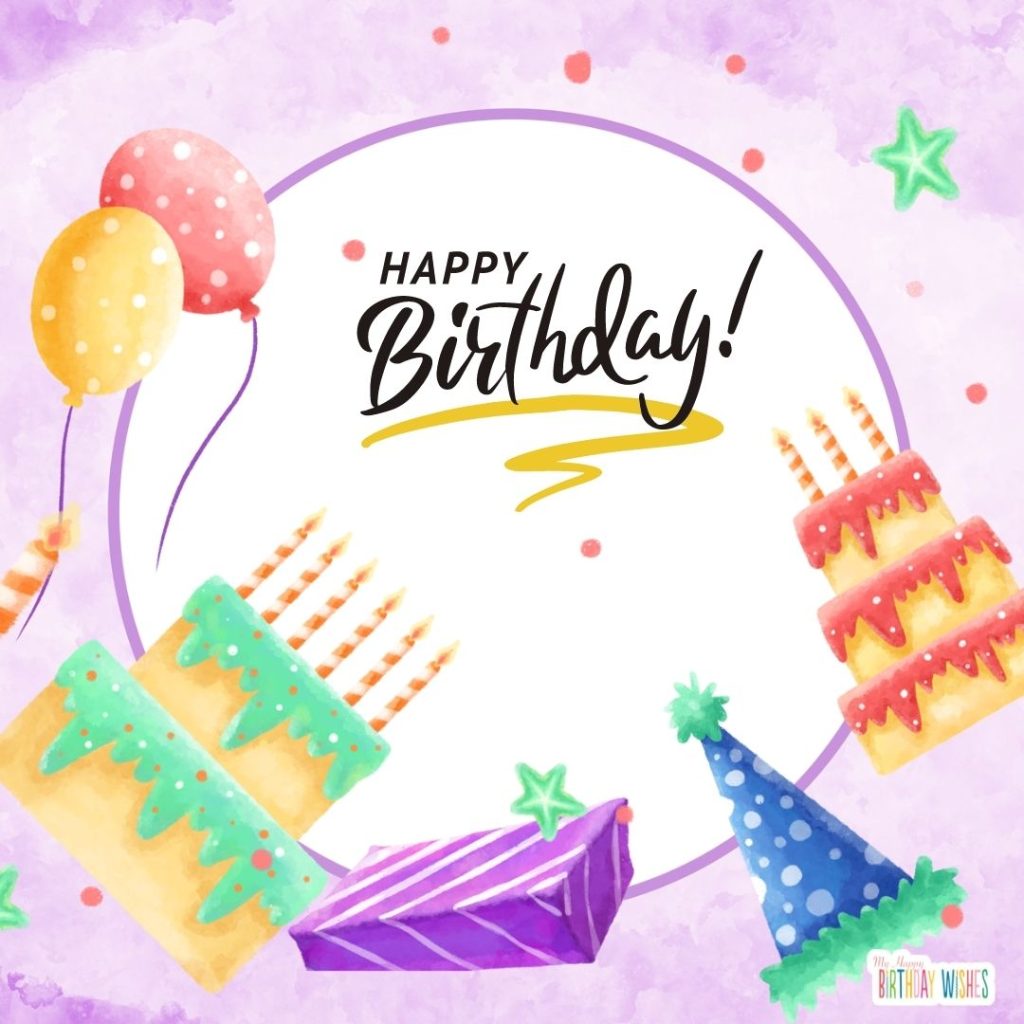 birthday card with cakes, stars, and poppers