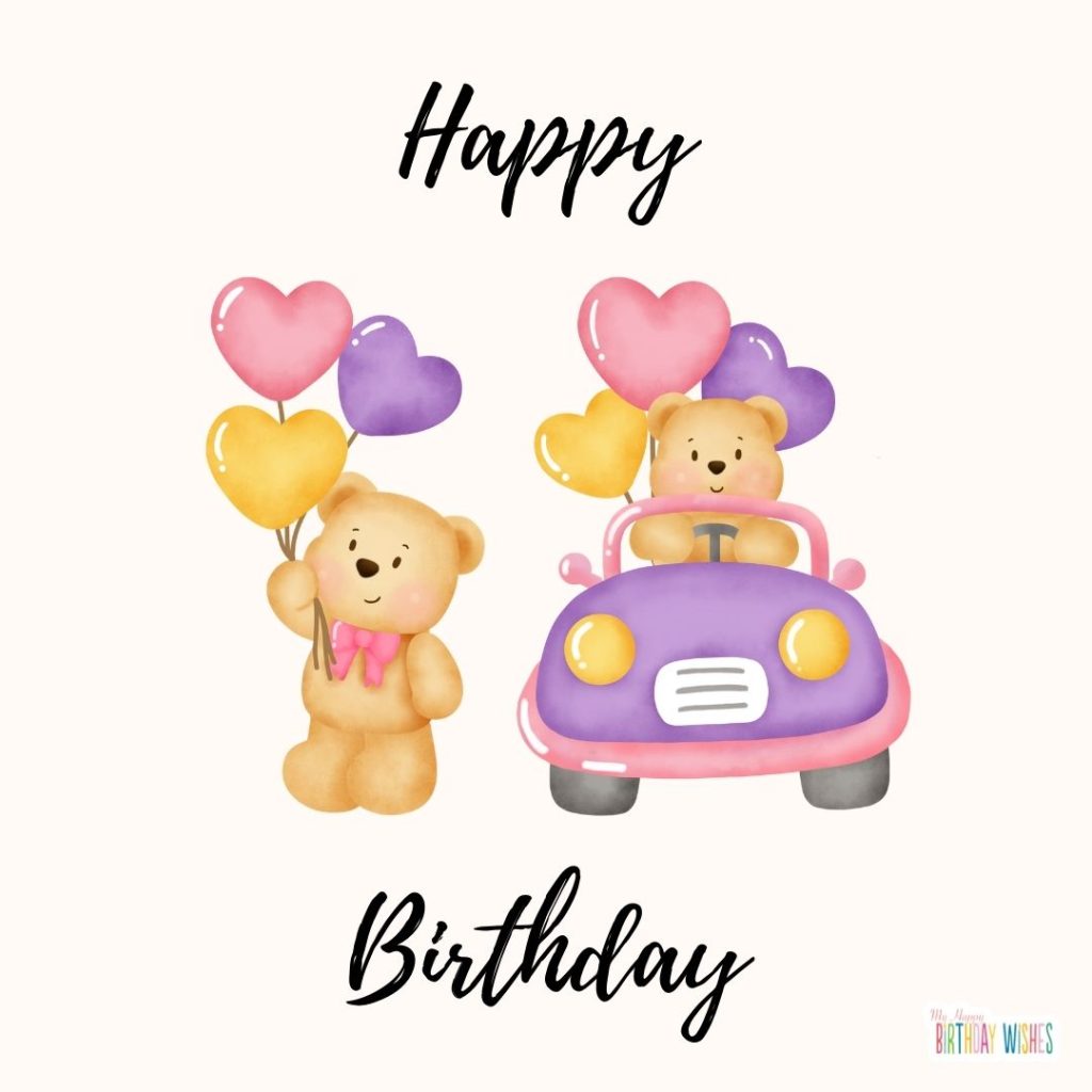 teddy bear riding in a card and holding a balloon birthday card