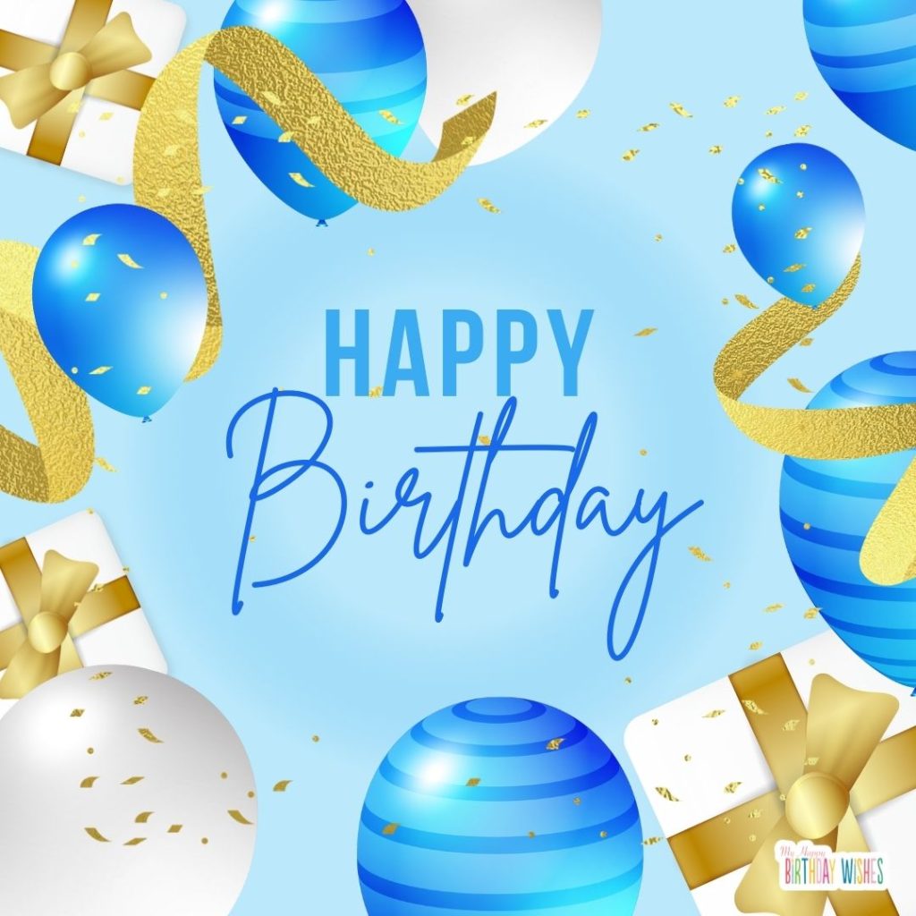 funny happy birthday - birthday card with gifts and balloons