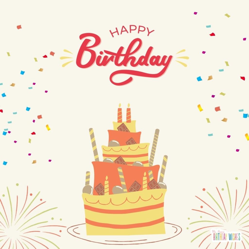 funny happy birthday - Birthday card with big cake, fireworks, and confetti