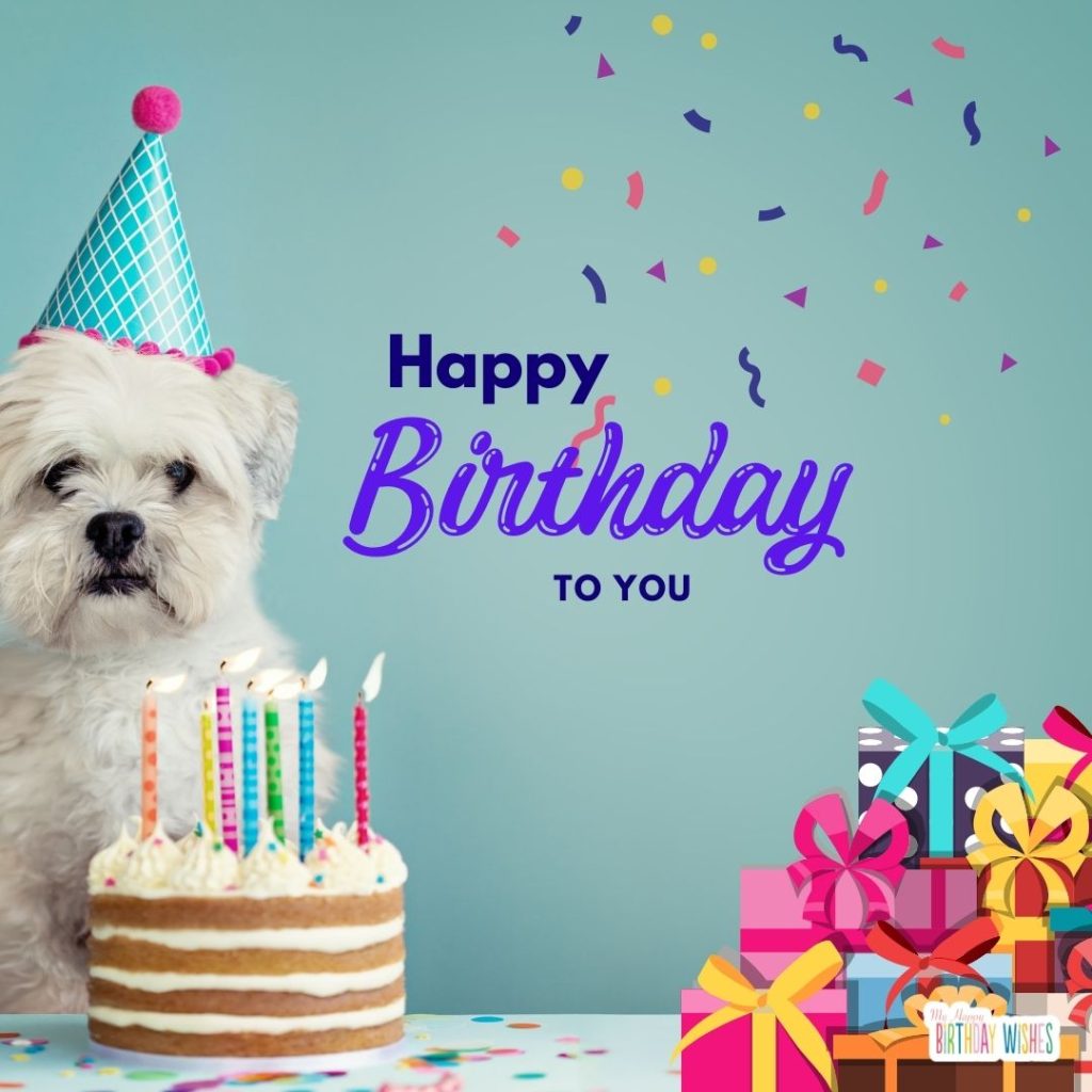 birthday card with cute dog with cake and gifts