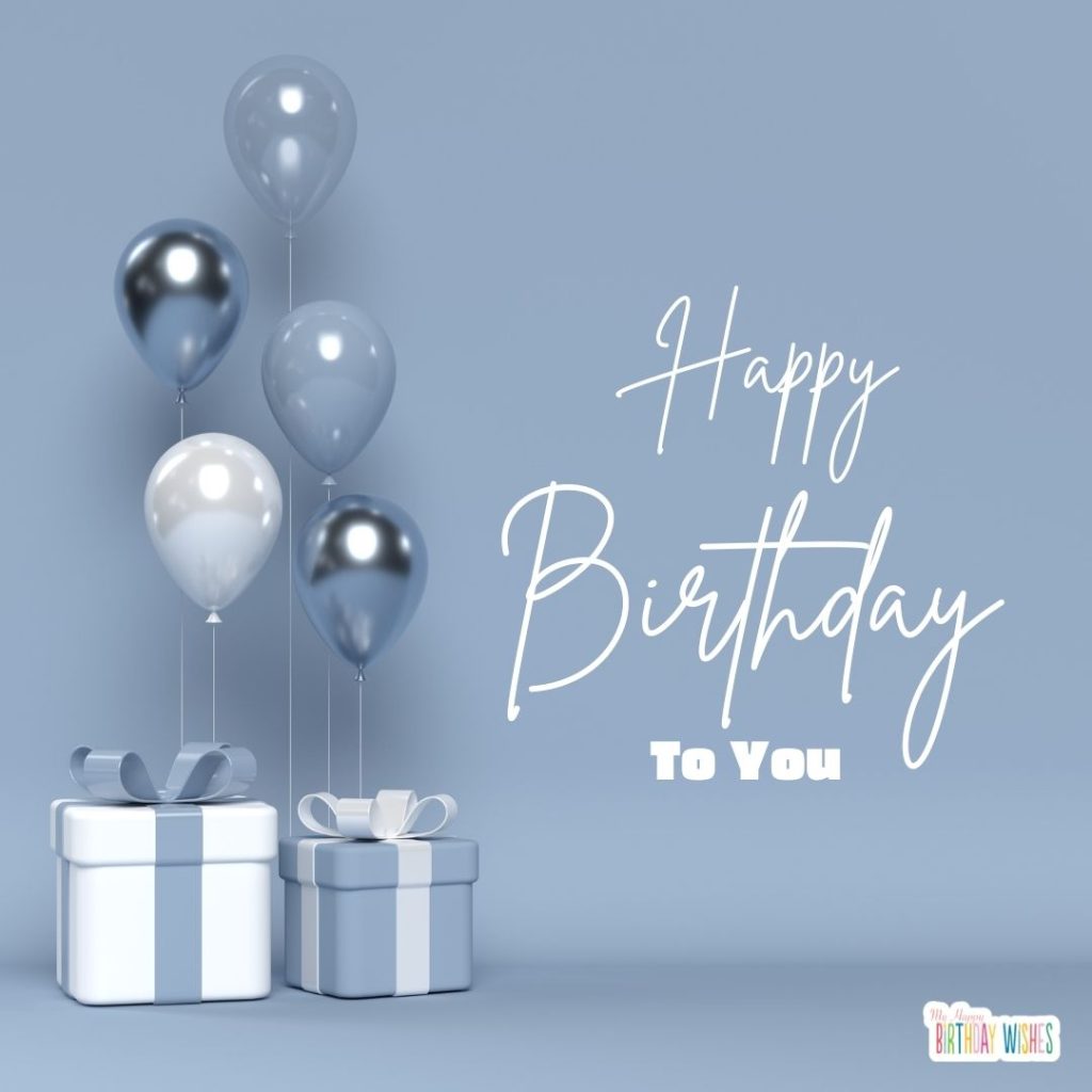 birthday card with gifts and balloons blue and white