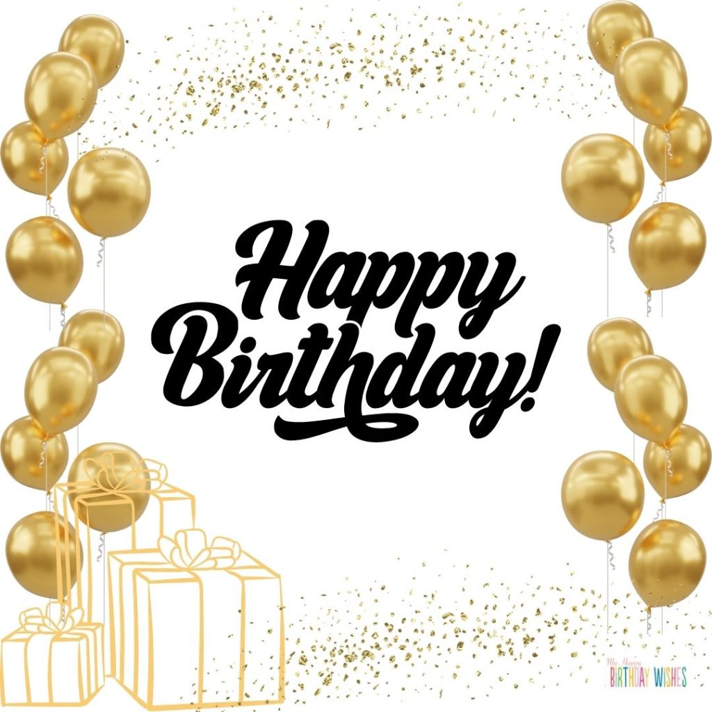 birthday card with gold balloons and gifts and confetti