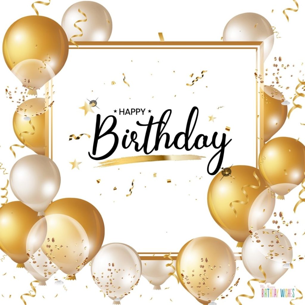 birthday card typography with gold balloons and frame