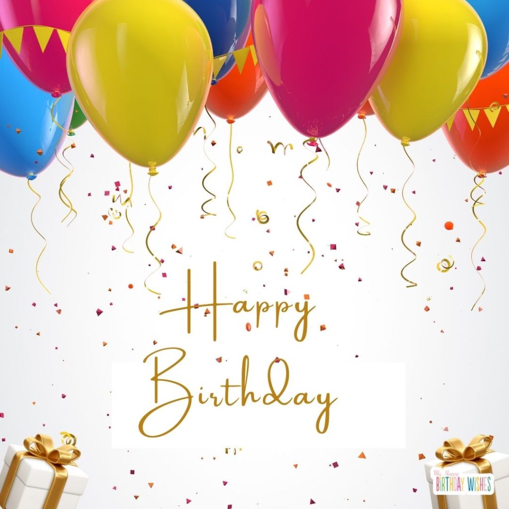 birthday card with colorful big balloons, gifts, and confetti
