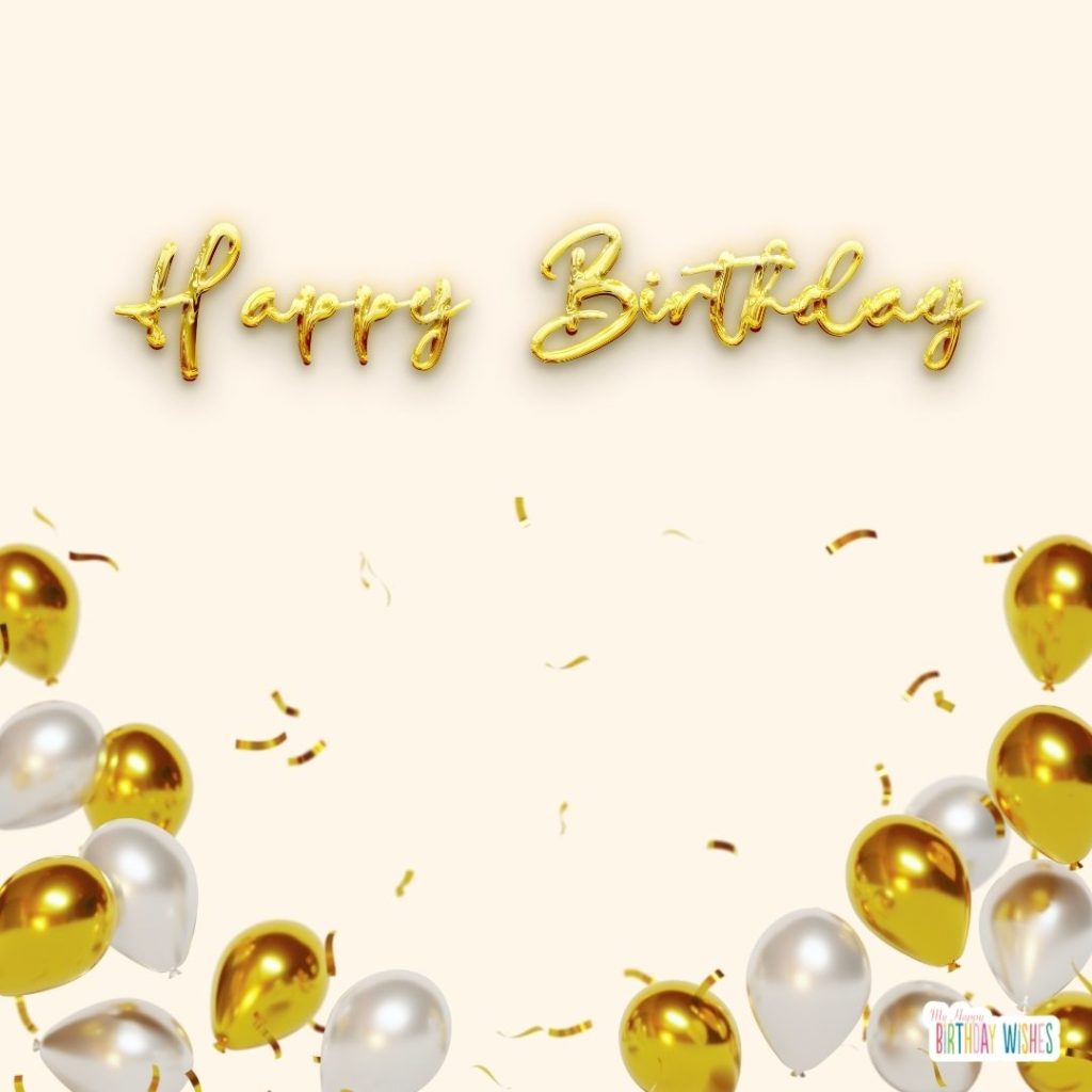 gold confetti, balloons, and lettering birthday card