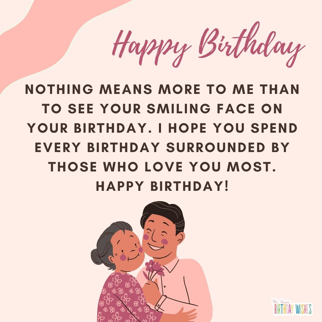 old mom and son smiling animated character birthday card for mom
