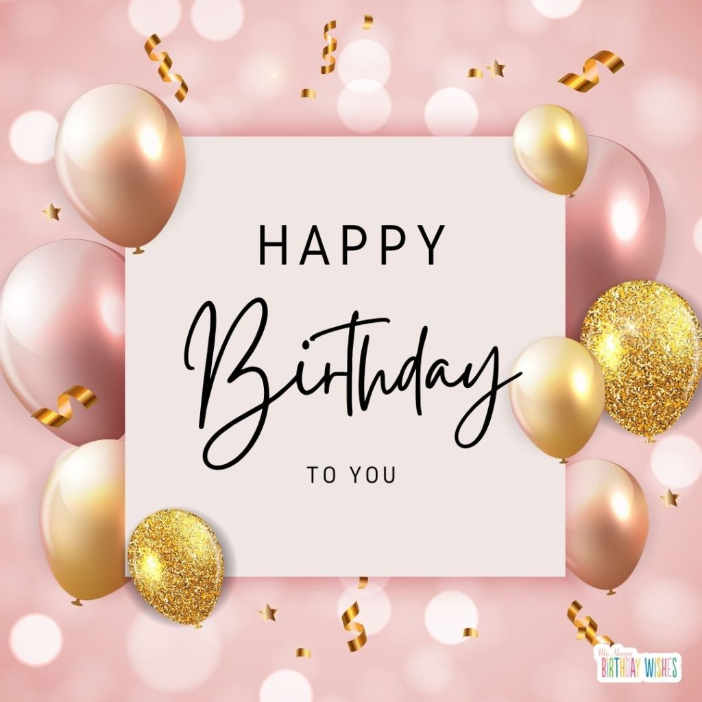 birthday card with gold balloons and pink