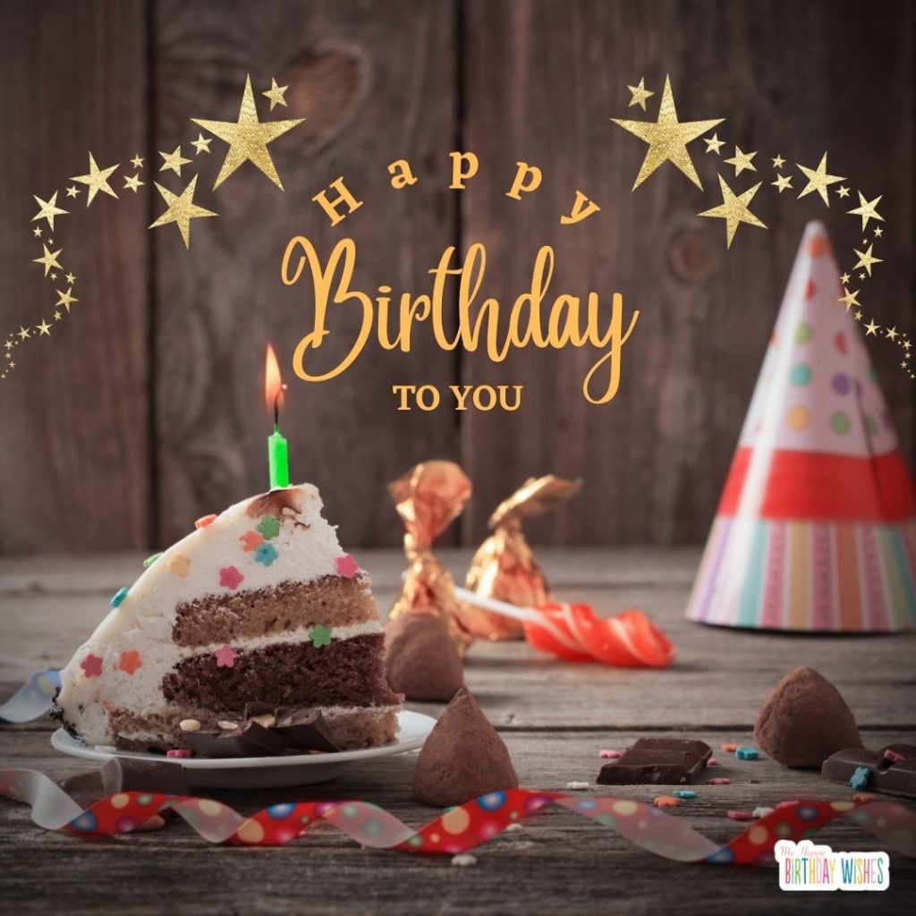 gold stars with sliced cake design birthday card