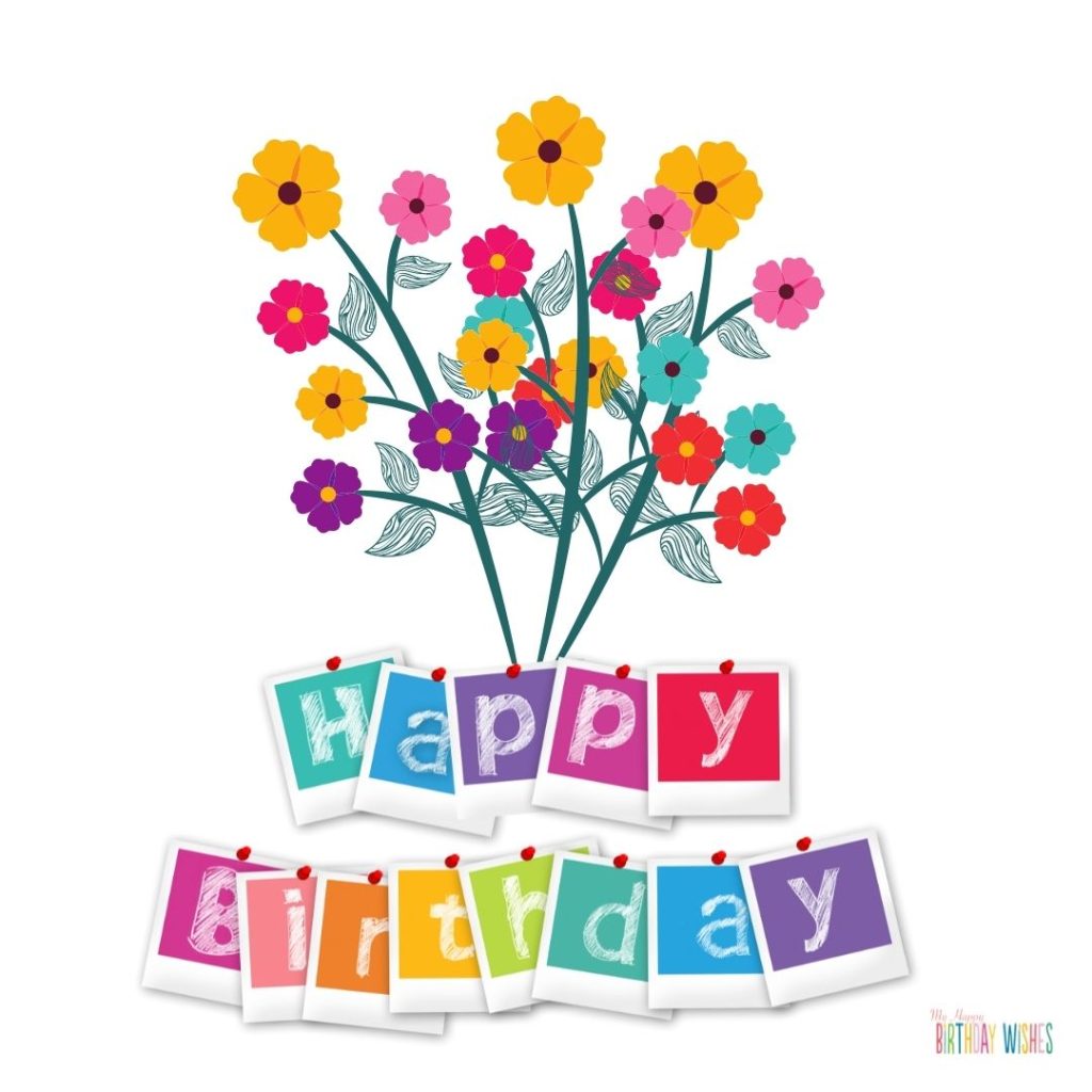 colorful animated flowers and birthday sticker