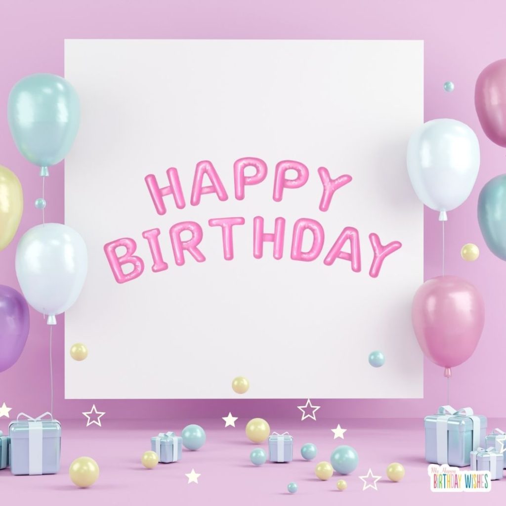 birthday card with pastel color balloon, and gifts