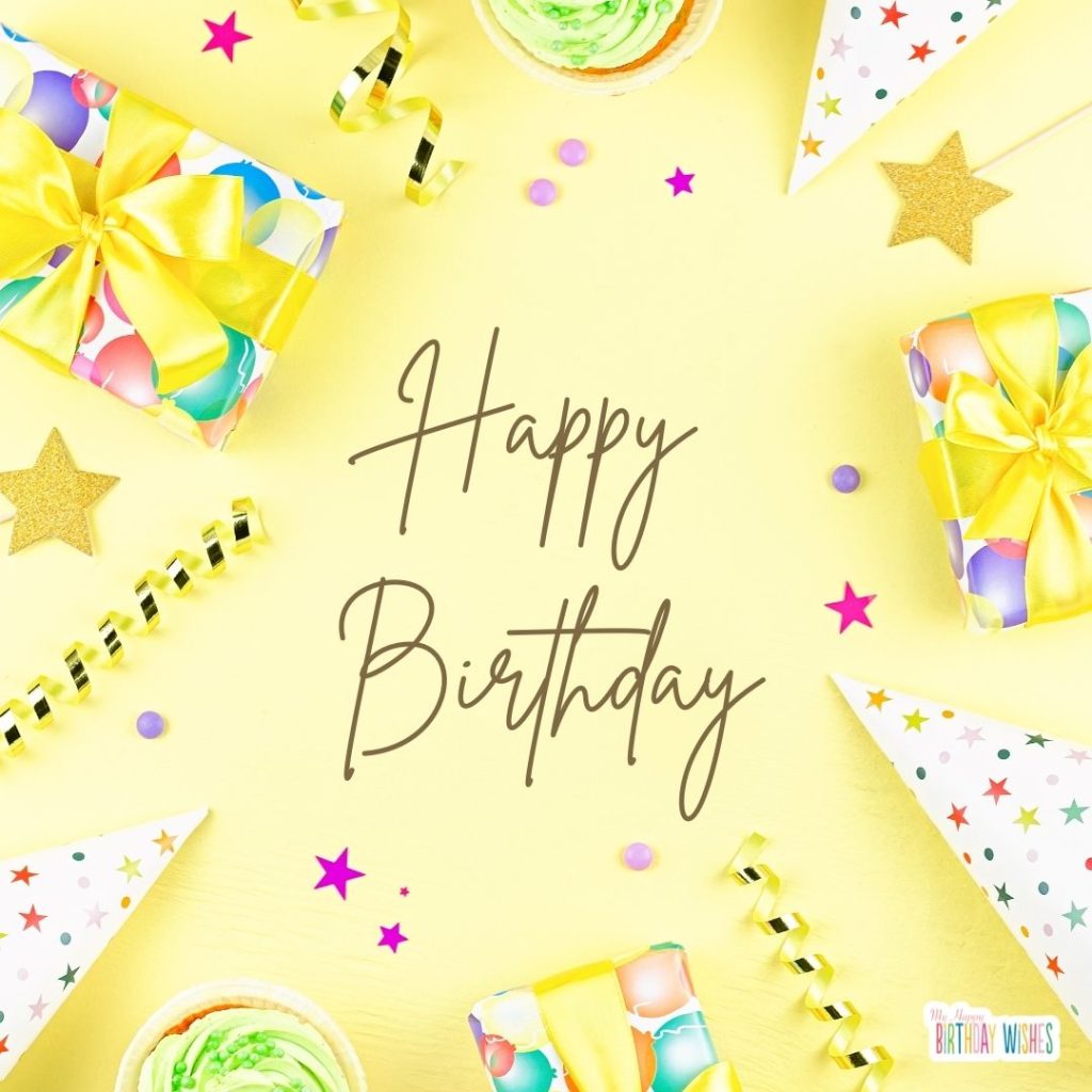 birthday card yellow background with gifts and confetti