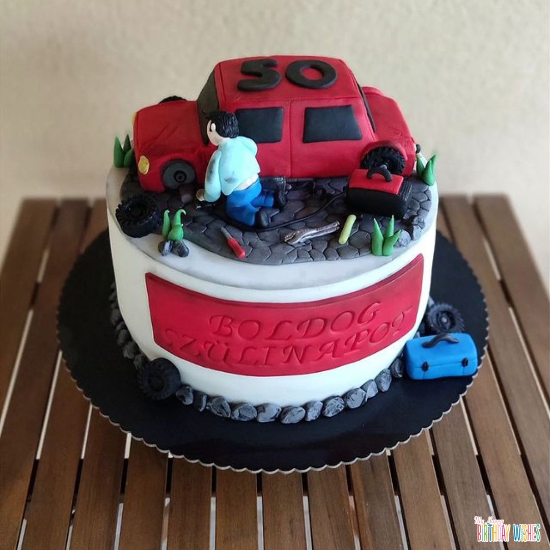 White red and Black with Car fondant cake