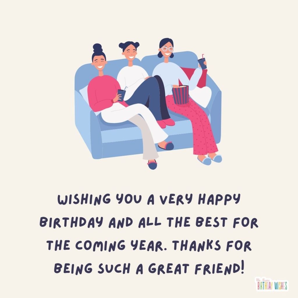 3 isometric girls sitting on a couch birthday card