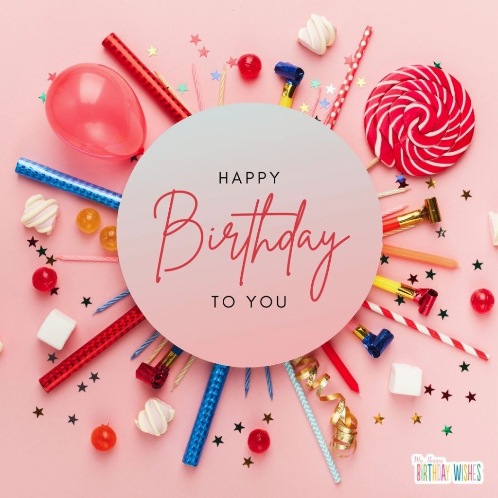 birthday card with candies, poppers, and balloons design