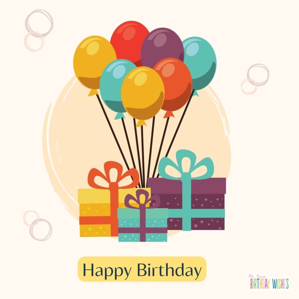birthday card with balloons and gifts and abstract