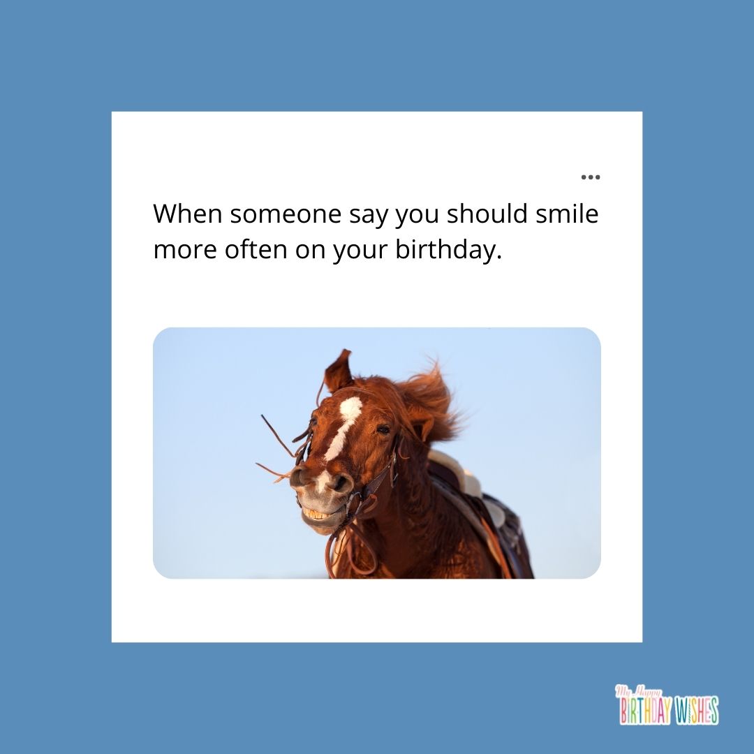 birthday meme about smiling with horse smiling image