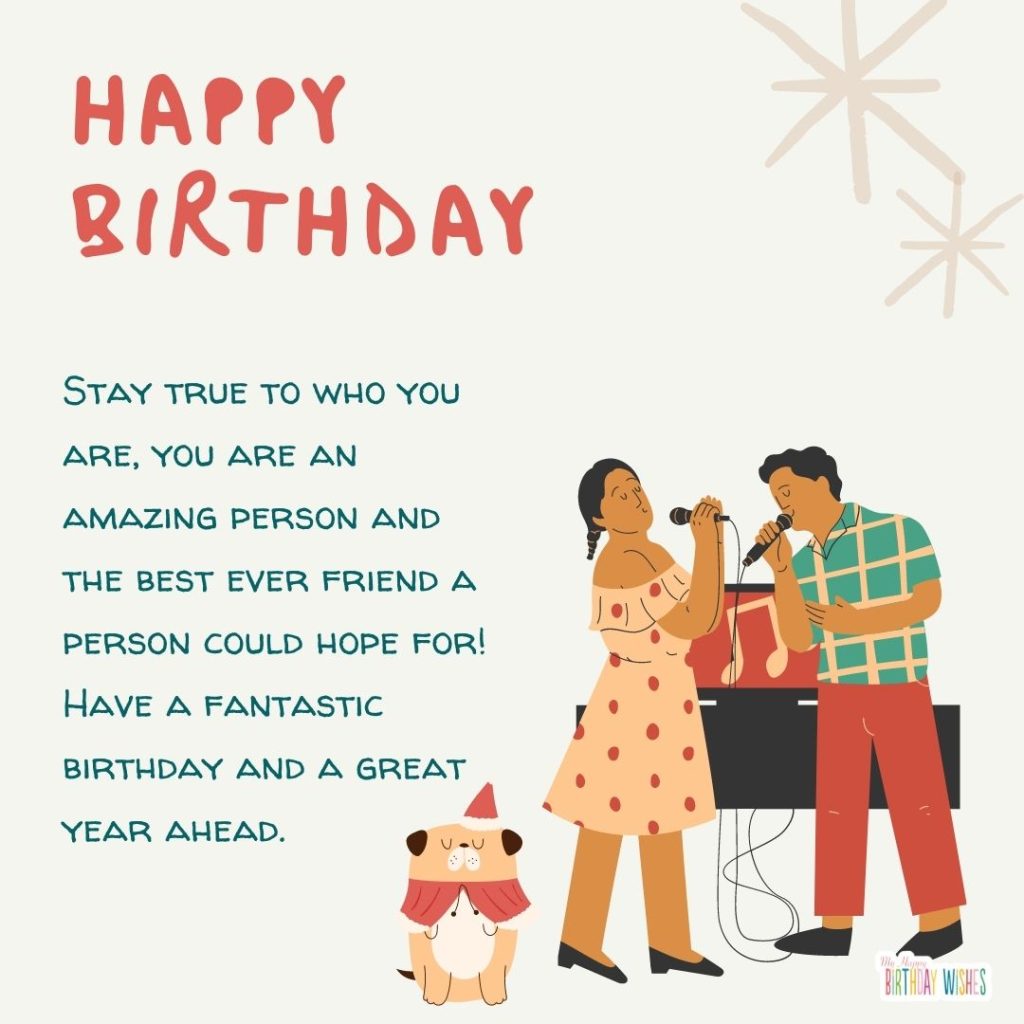 birthday card for friend with two people singing and dog