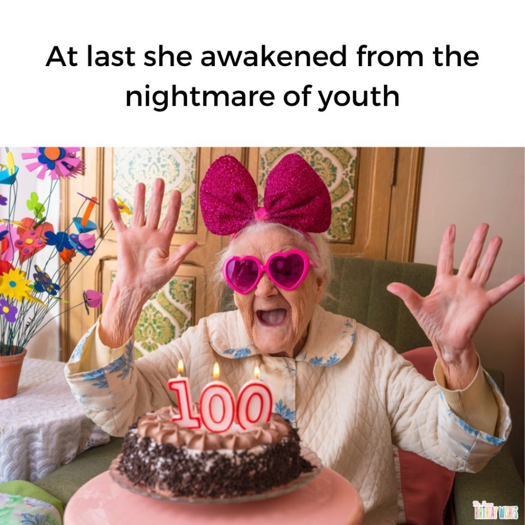 Image of happy old woman with happy birthday meme for her