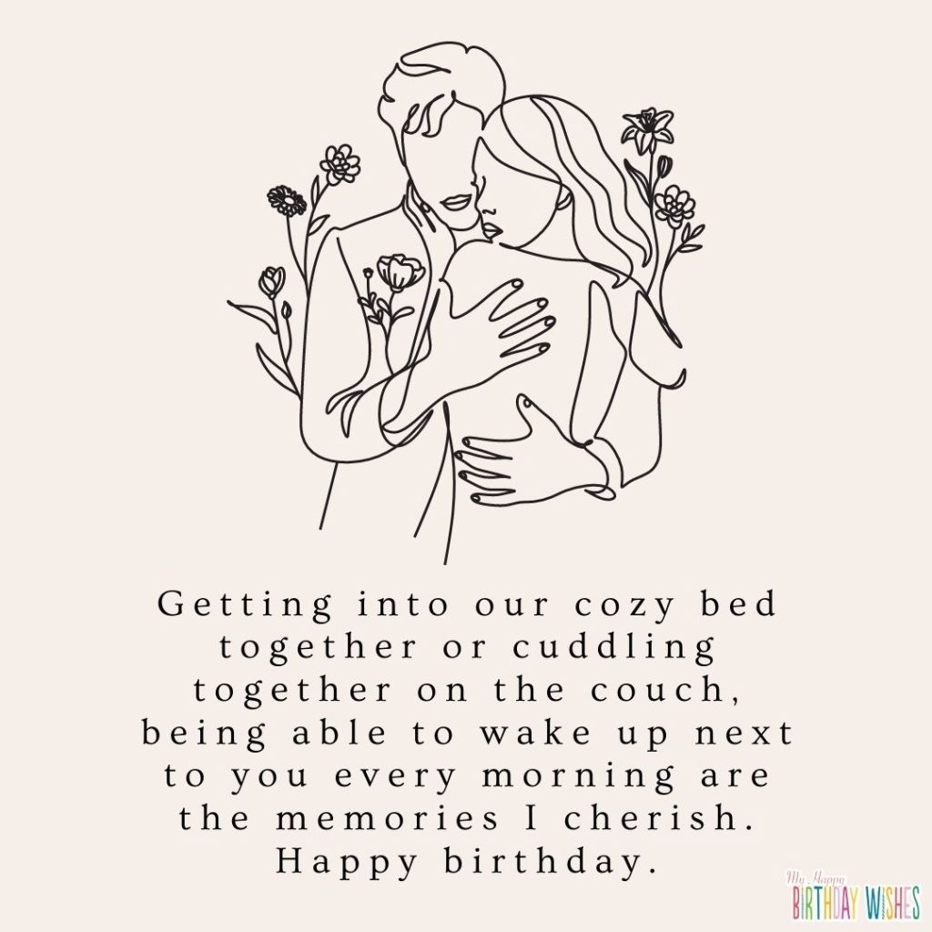 Hugging freehand drawing of couple with birthday wishes for wife