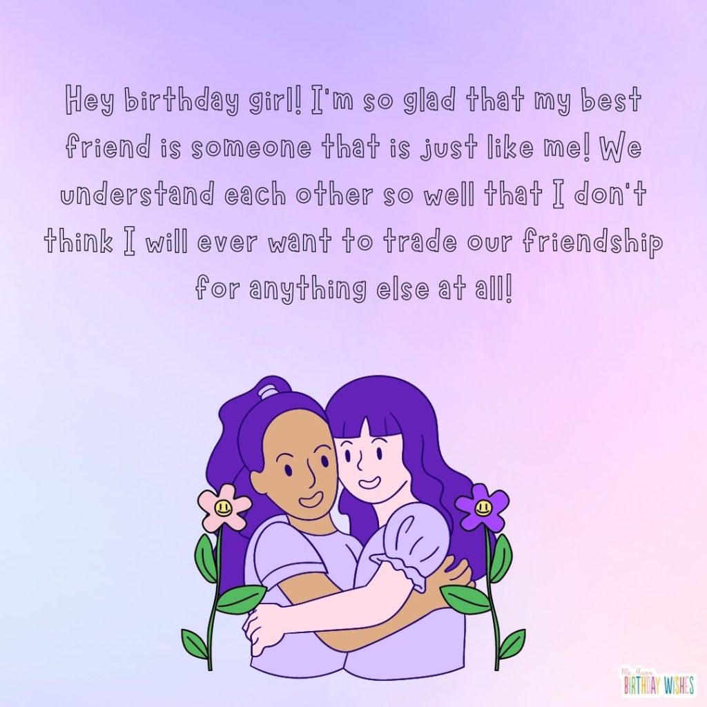 Purple and lavender shades with hugging girls with birthday wishes for best friend girl